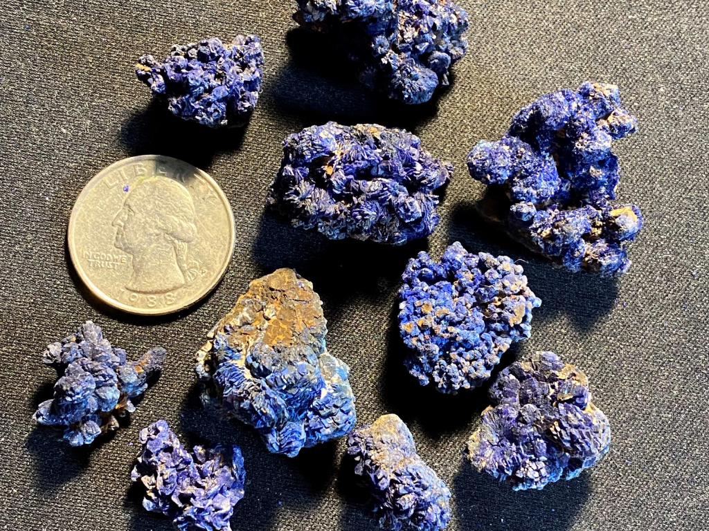 Most of the Azurite crystal clusters in this collection are the size of a US quarter or smaller. 10 gram Azurite nodule clusters are available until we run out!