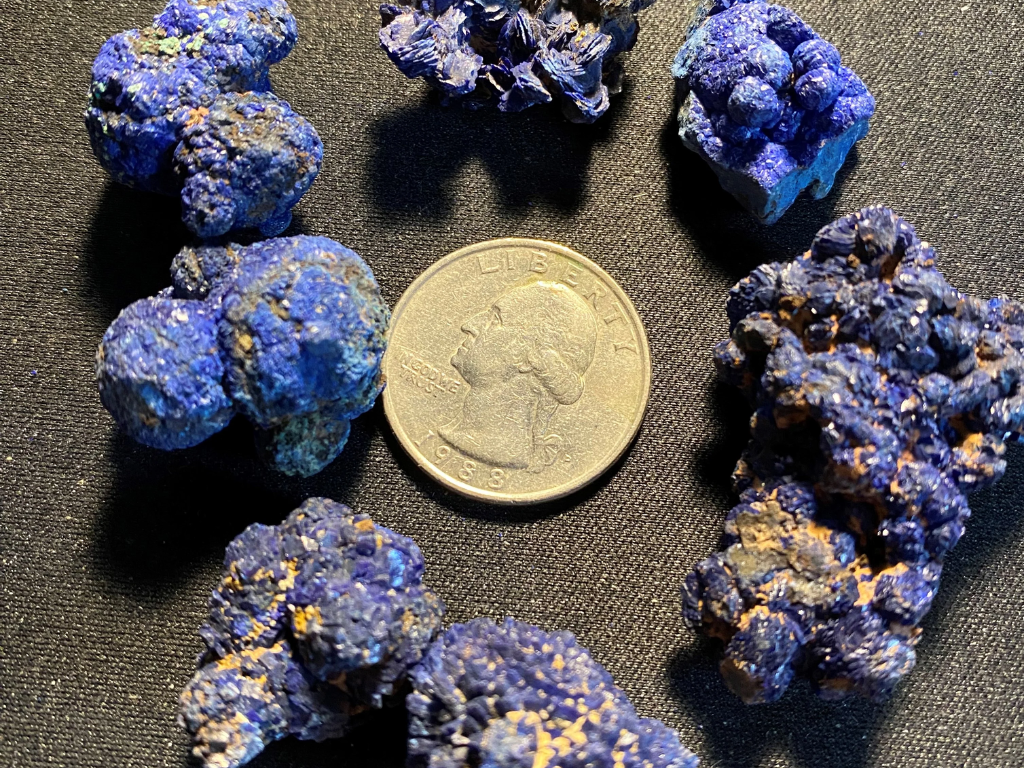 This group of Azurite nodules  from the Atlas Mountains in Morocco weighs about 10 grams.  We currently have a few small parcels of Azurite crystals available, Get yours today.