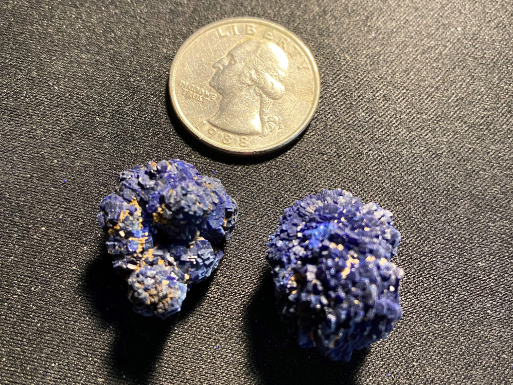 Azurite crystal clusters can often form in nodules, like these two from the Atlas Mountains in Morocco.  Be sure to check out the rest of our 10 gram parcels of Azurite nodules, too.